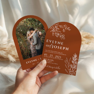 Invitación Boda Arqueada de Terracota Floral Boho Naranja Que