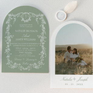 Invitación Boda Arqueada Monograma Jardín Bosque Verde Salvia