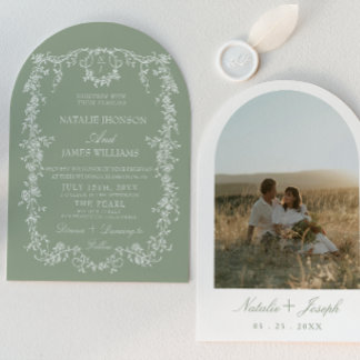 Invitación Boda Arqueada Monograma Jardín Bosque Verde Salvia