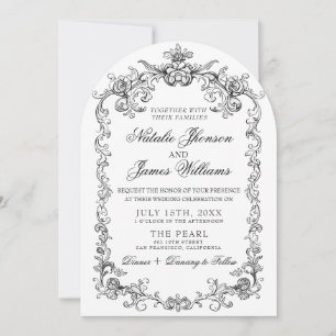 Invitación Boda Arqueada Vintage en Blanco y Negro Dinero Ant