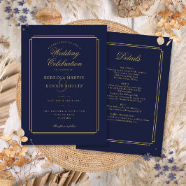 Invitación Boda Art Deco Azul y Oro Todo en una Marina