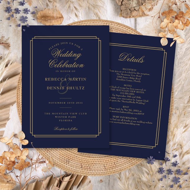 Invitación Boda Art Deco Azul y Oro Todo en una Marina (All In One Navy Blue and Gold Art Deco Wedding Invitation)