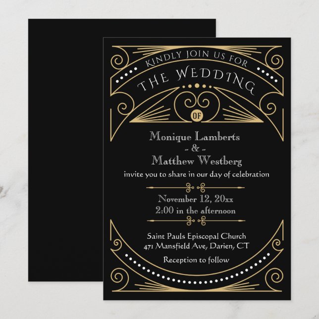 Invitación Boda Art Deco Black & Gold (Anverso / Reverso)