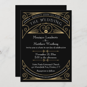 Invitación Boda Art Deco Black & Gold Great Gatsby