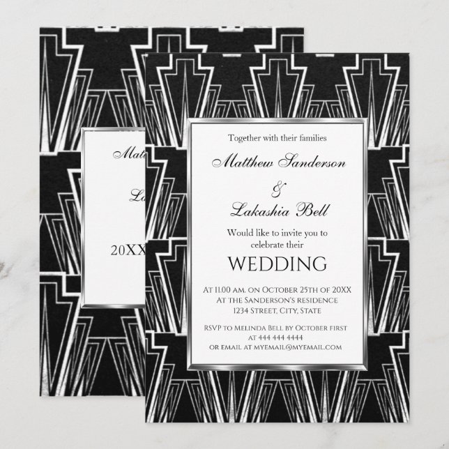 Invitación Boda Art Deco Blanco y negro (Anverso / Reverso)