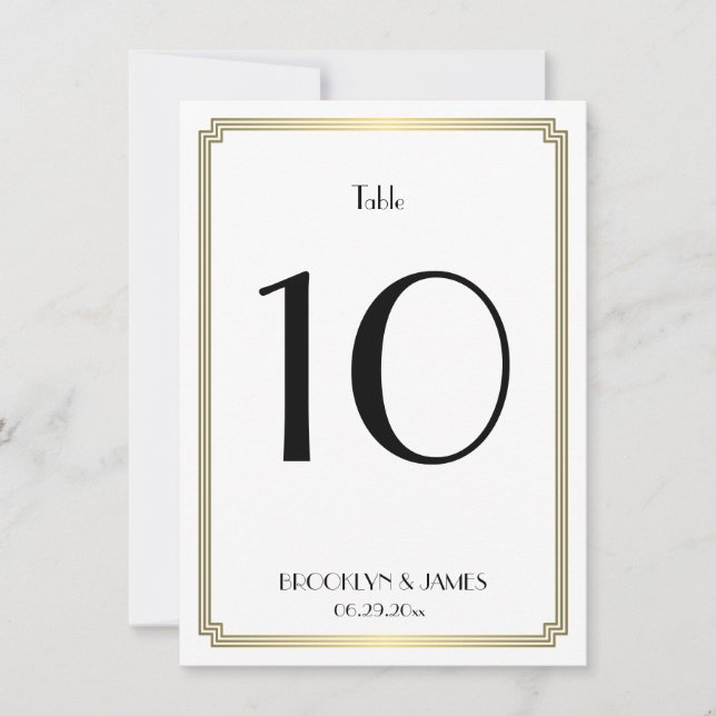 Invitación Boda Art Decó Blanco Y Oro Número De Tabla (Anverso)