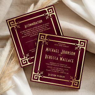 Invitación Boda Art Déco Burgundy Gold Todo en Uno