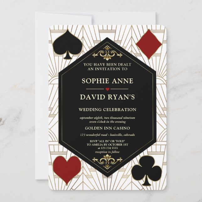 Invitación Boda Art Déco Casino Código QR Gatsby Oro Blanco  (Anverso)