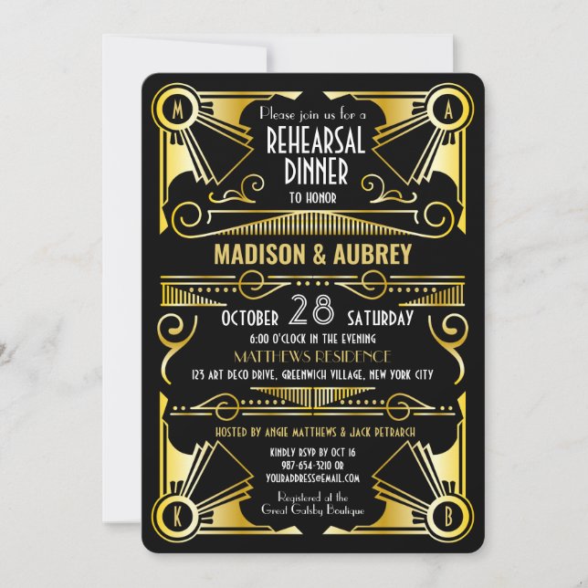 Invitación Boda Art Deco Cena de oro y ensayo negro (Anverso)