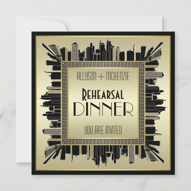 Invitación Boda Art Déco Champaña Cena de Oro (Anverso)