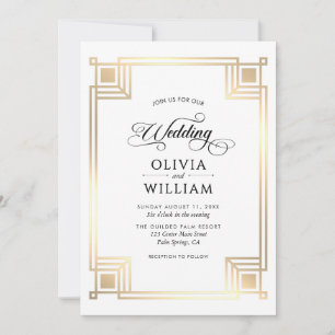 Invitación Boda Art Déco Clásica Elegante de Oro