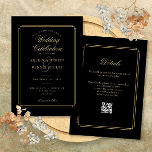 Invitación Boda Art Déco con código QR de escritura en negro 