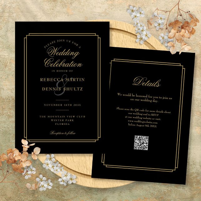Invitación Boda Art Déco con código QR de escritura en negro  (Black and Gold Script QR Code Art Deco Wedding Invitation)