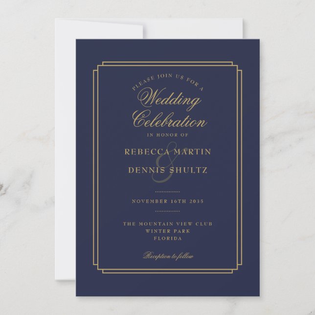 Invitación Boda Art Deco con guión azul marino y oro (Anverso)