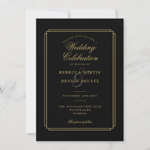 Invitación Boda Art Déco con guión negro y dorado