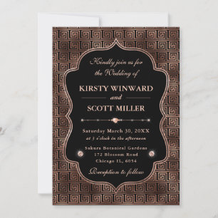 Invitación Boda Art Déco con Llave Griega en Rosa Dorado Eleg
