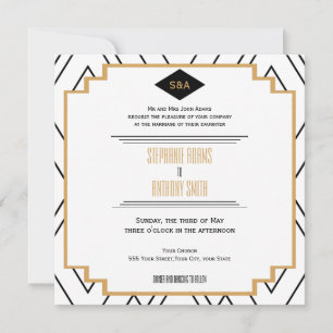 Invitación Boda Art Déco con Monograma Negro, Dorado y Blanco