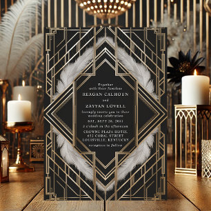 Invitación Boda Art Déco con Plumas de Oro Negro Vintage