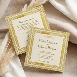 Invitación Boda Art Déco Crema y Dorado Todo en Uno
