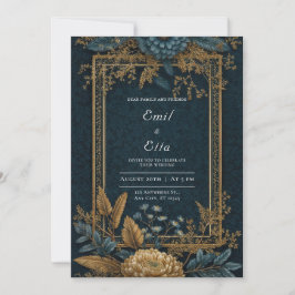 Invitación Boda Art Déco de Crisantemo Azul Marino Dorado