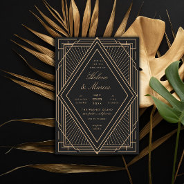 Invitación Boda Art Deco de Diamante Negro y Oro