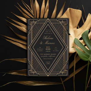 Invitación Boda Art Deco de Diamante Negro y Oro