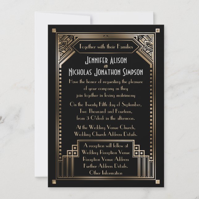 Invitación Boda Art Deco de Faux Gold Shaed (Anverso)