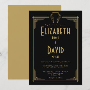 Invitación Boda Art Déco de los años 20 en negro y dorado