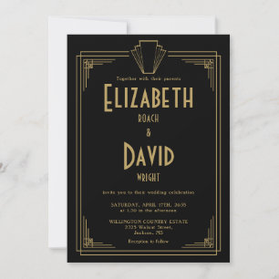 Invitación Boda Art Déco de los Años 20 Todo en Negro y Dorad