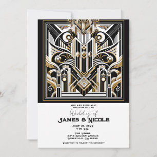 Invitación Boda Art Déco de los Rugientes Años 20 con Blanco 