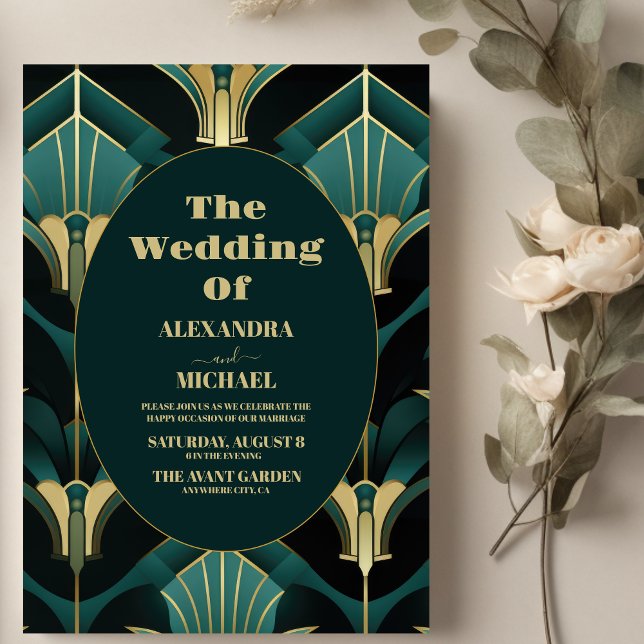 Invitación Boda Art Deco de lujo Verde y Oro (Subido por el creador)