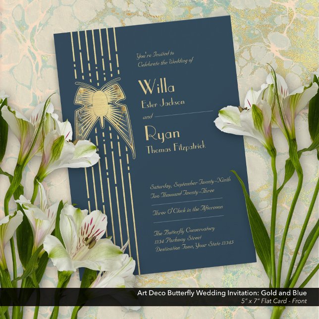 Invitación Boda Art Deco de mariposa azul y oro (Art Deco Butterfly Blue and Gold Wedding Invitation - Front)