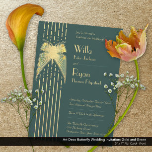 Invitación Boda Art Deco de mariposa verde y oro