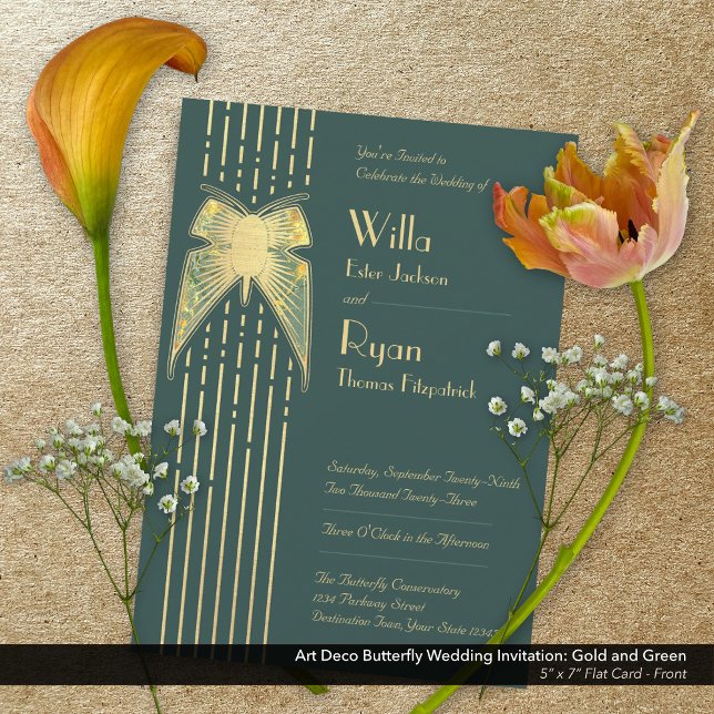 Invitación Boda Art Deco de mariposa verde y oro (Art Deco Butterfly Green and Gold Wedding Invitation - Front)