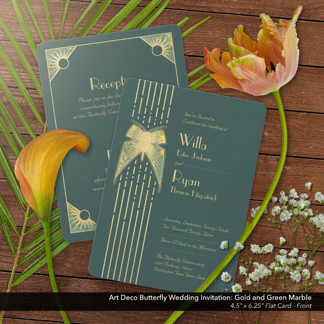 Invitación Boda Art Deco de mariposa verde y oro (Art Deco Butterfly Green and Gold Wedding Invitation - Front)