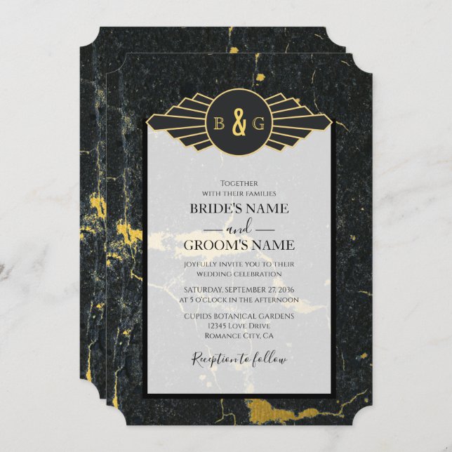 Invitación Boda Art Decó de Mármol de oro negro (Anverso / Reverso)
