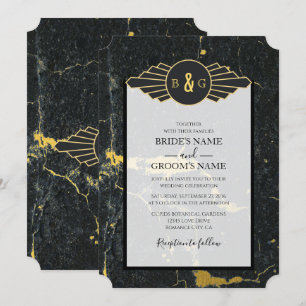Invitación Boda Art Decó de Mármol de oro negro