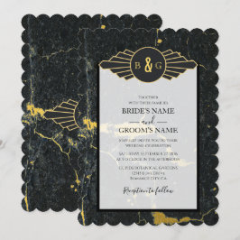 Invitación Boda Art Decó de Mármol de oro negro