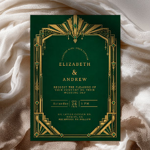 Invitación Boda Art Déco de Oro Esmeralda