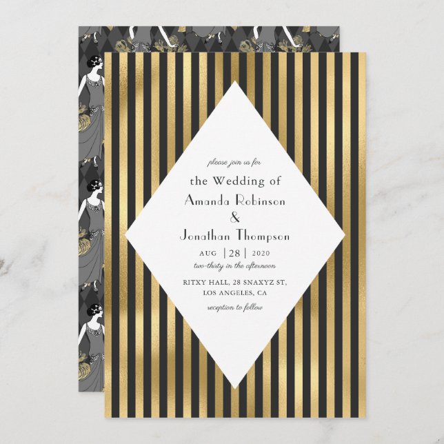 Invitación Boda Art Deco de París en negro y oro (Anverso / Reverso)