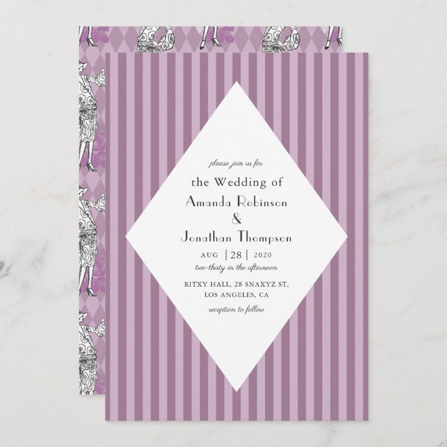 Invitación Boda Art Deco de París rosa y morado (Anverso / Reverso)