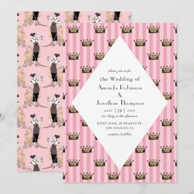 Invitación Boda Art Deco de París Rosa y Oro (Anverso / Reverso)