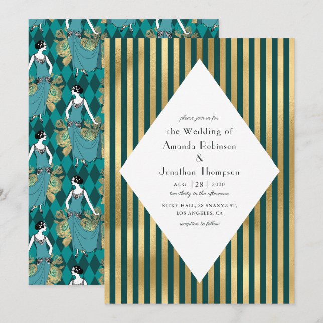 Invitación Boda Art Deco de París Turquesa y Oro (Anverso / Reverso)
