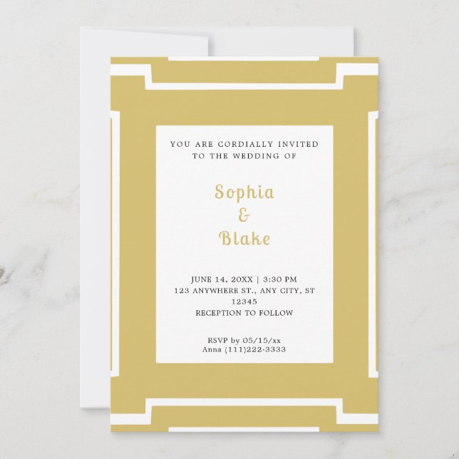 Invitación Boda Art Déco en Oro y Blanco (Anverso)