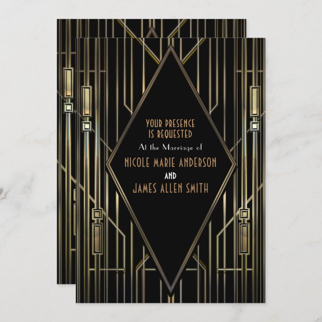 Invitación Boda Art Déco Gatsby Glam Black & Gold de los 20 (Anverso / Reverso)