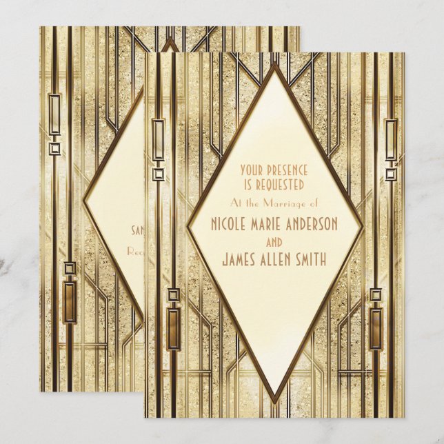 Invitación Boda Art Deco Gatsby Glam Marfil Crema Dorado 20's (Anverso / Reverso)