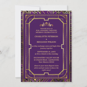 Invitación Boda Art Déco Gatsby Morado y Dorado años 20