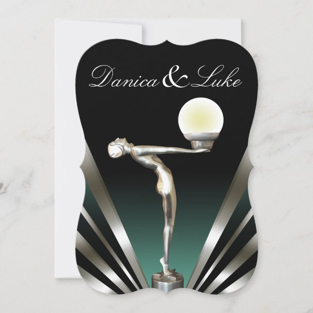Invitación Boda Art Deco Glam Nouveau| verde azulado (Anverso)