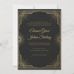 Invitación Boda Art Déco Glamour Dorado Corbata Negra