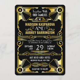 Invitación Boda Art Decó Gran Gatsby Ornate Negro y Oro